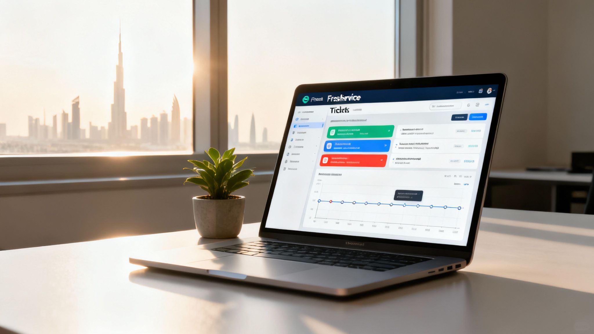 Laptop showing Freshservice ticketing system on a desk, with a plant and city skyline.