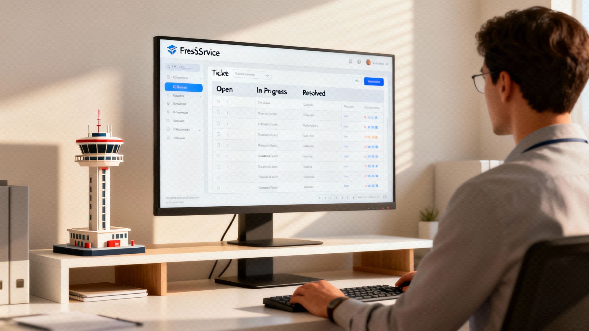 A man works on a computer displaying a FresSSrvice ticketing system and an airport control tower model.