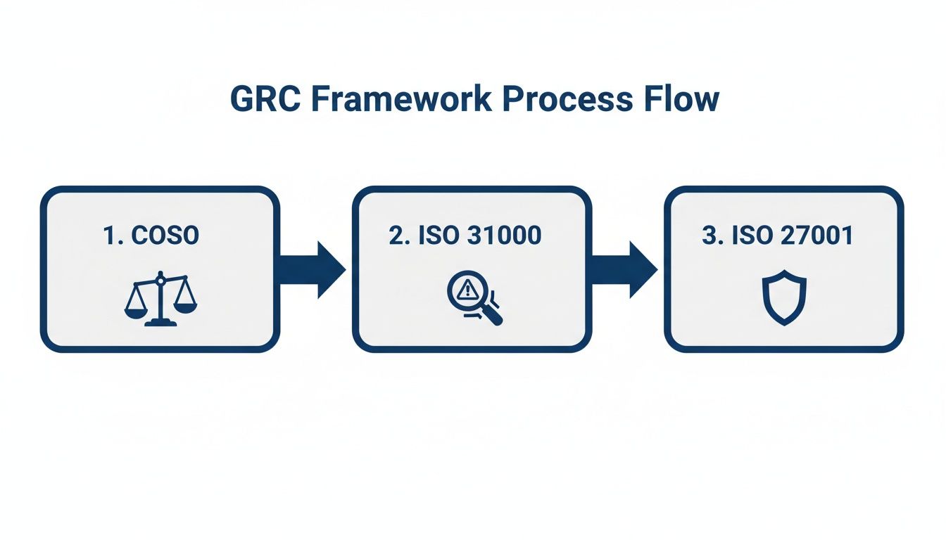 GRC framework process flow diagram illustrating COSO, ISO 31000, and ISO 27001 standards in sequence.