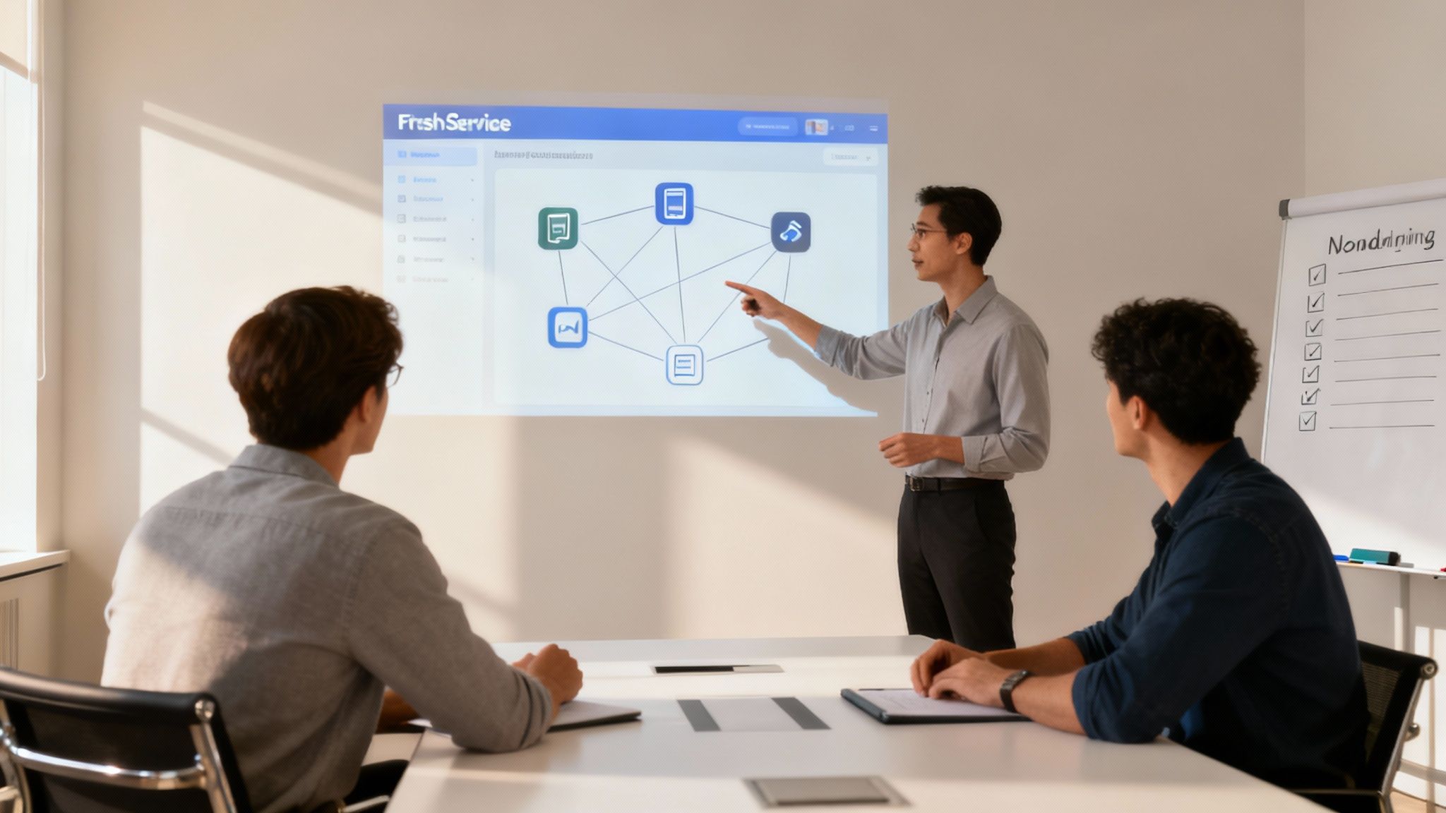 Team meeting presenting FreshService software architecture diagram with interconnected service modules on projection screen