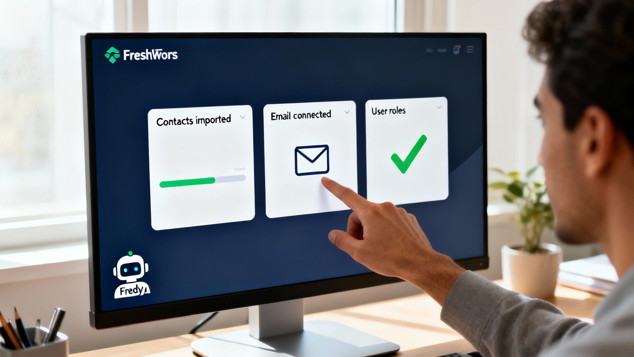 A man's hand taps an 'Email connected' icon on a FreshWors software setup screen.
