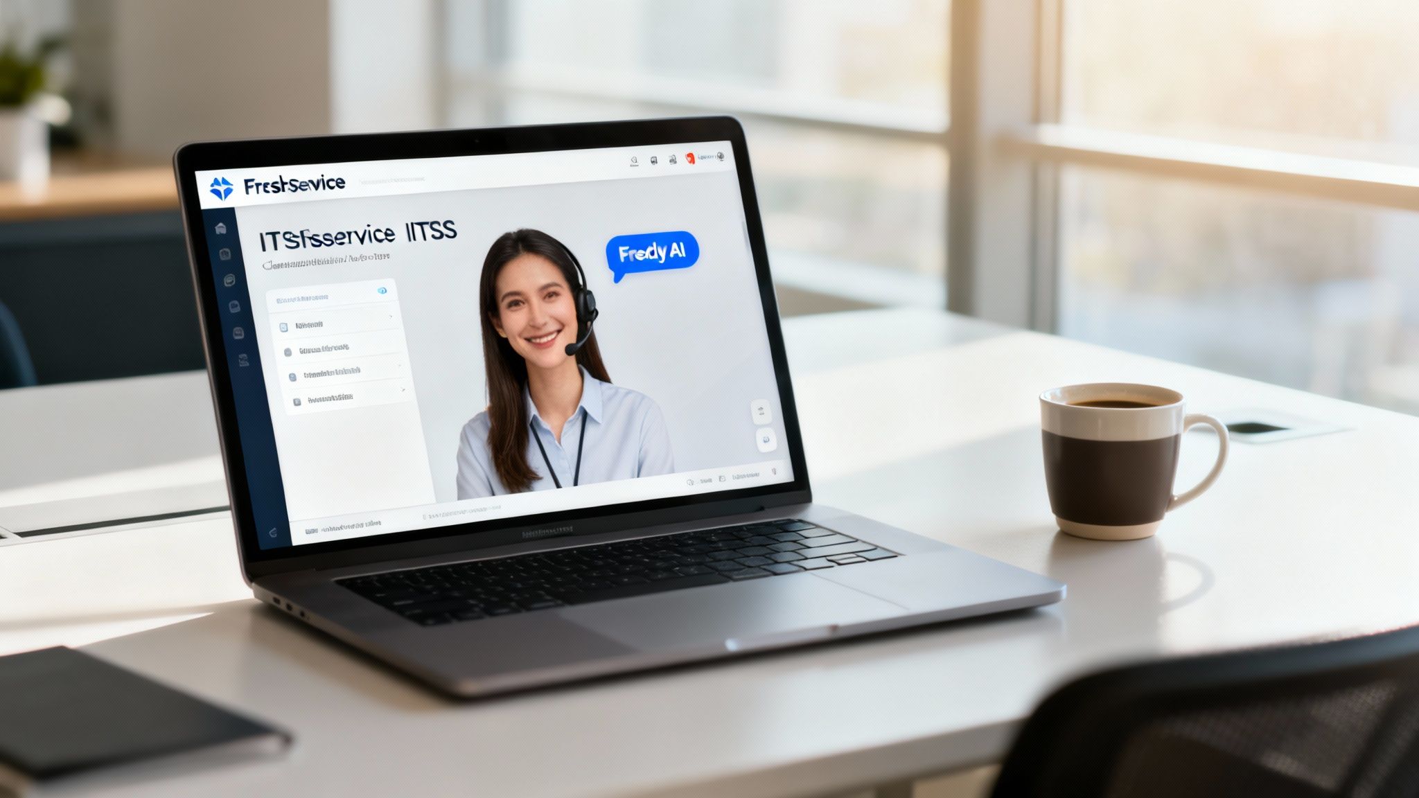Laptop displaying Freshservice ITSS interface with a smiling support agent and 'Fredy AI' chat, in a modern office.