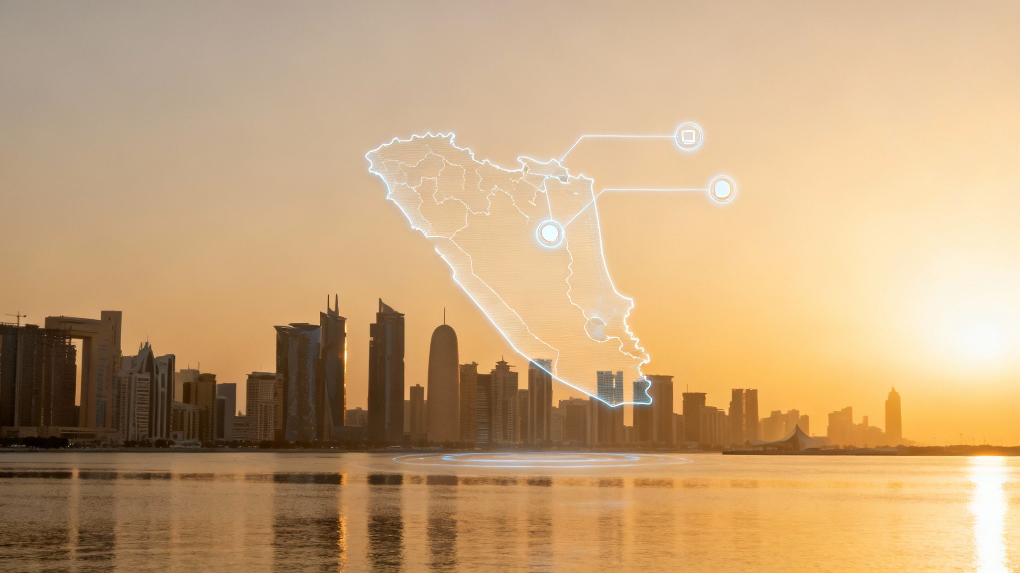 Digital map of Qatar superimposed on the Doha skyline over water at sunset.