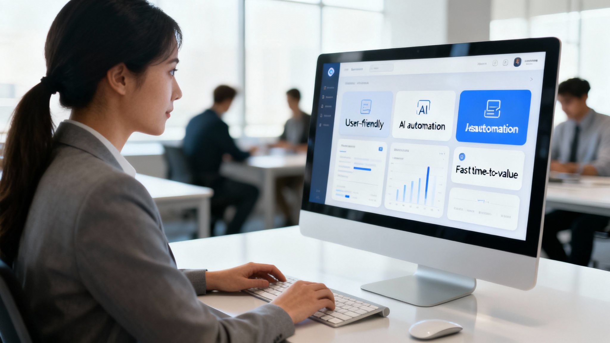 A woman works on a computer displaying a dashboard with business automation and AI features in an office.