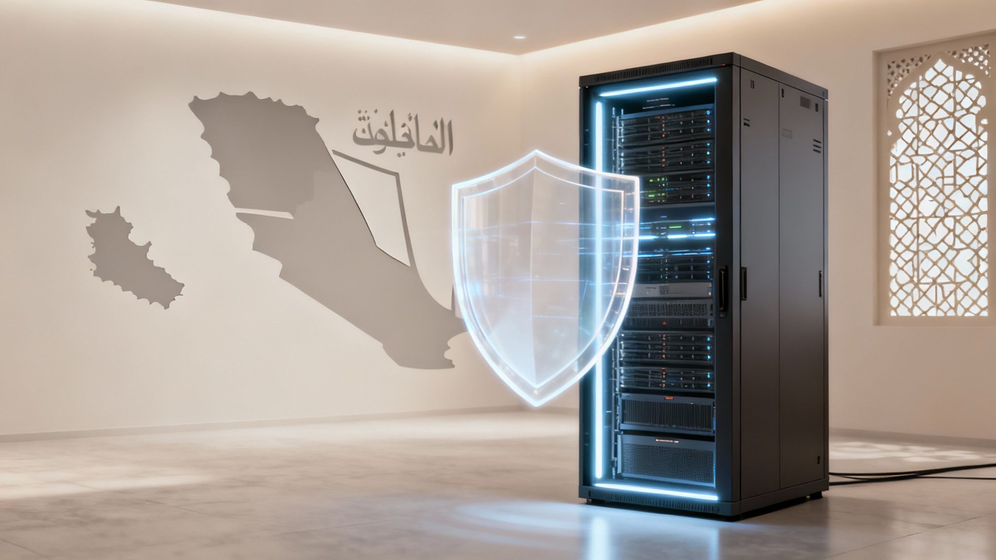A server rack protected by a glowing shield, with a Middle Eastern map and Arabic text on the wall.