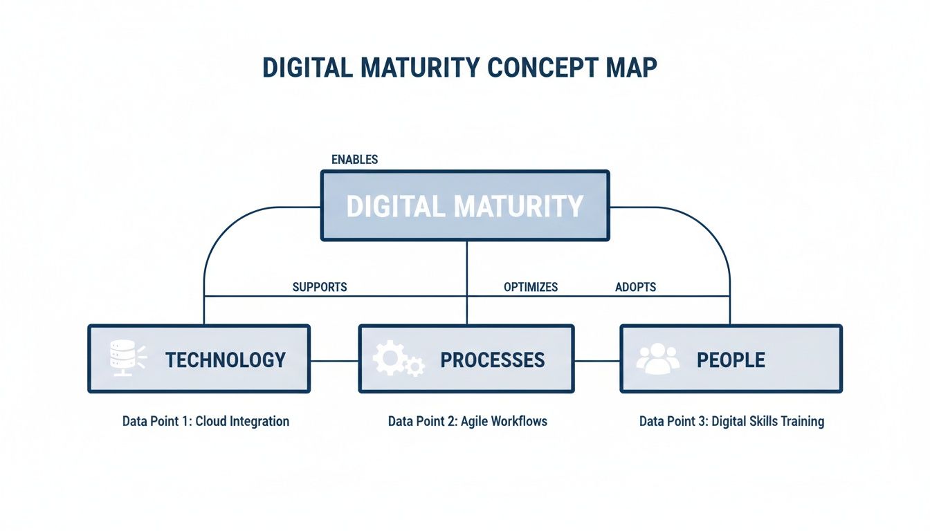 A concept map illustrating digital maturity, its enablers (technology, processes, people), and supporting data points.