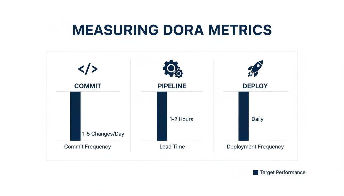 Infographic showing DORA metrics: Commit Frequency, Lead Time, and Deployment Frequency targets for software development.