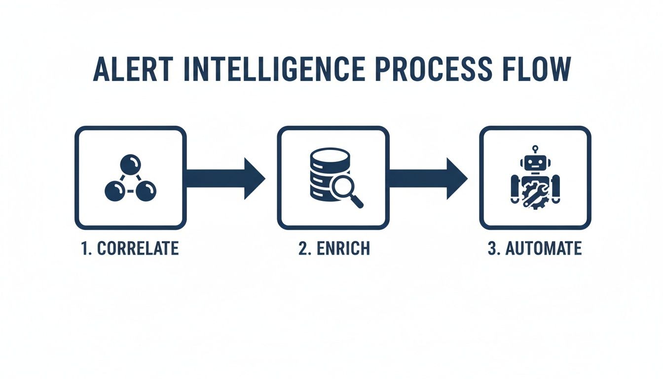Visual representation of the Alert Intelligence Process Flow with steps: Correlate, Enrich, Automate.
