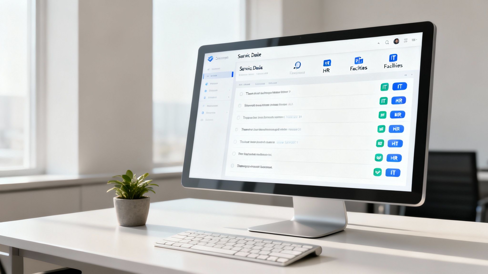Service desk software interface displayed on desktop monitor showing IT and HR facilities management system