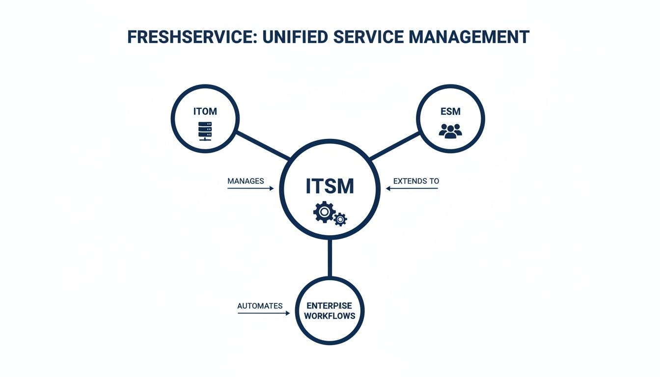 Freshservice unified service management diagram showing ITSM as central, managing ITOM, extending to ESM, and automating enterprise workflows.