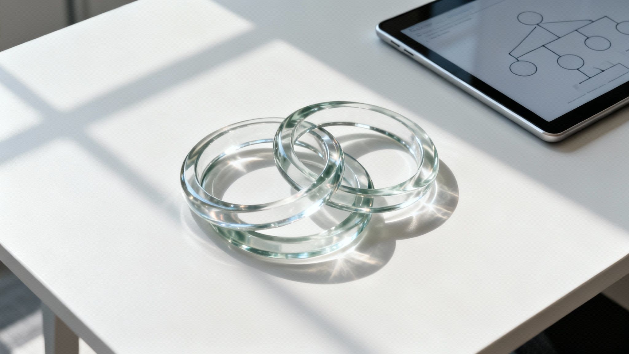 Three clear glass rings intertwined on a white desk next to a tablet showing a diagram.