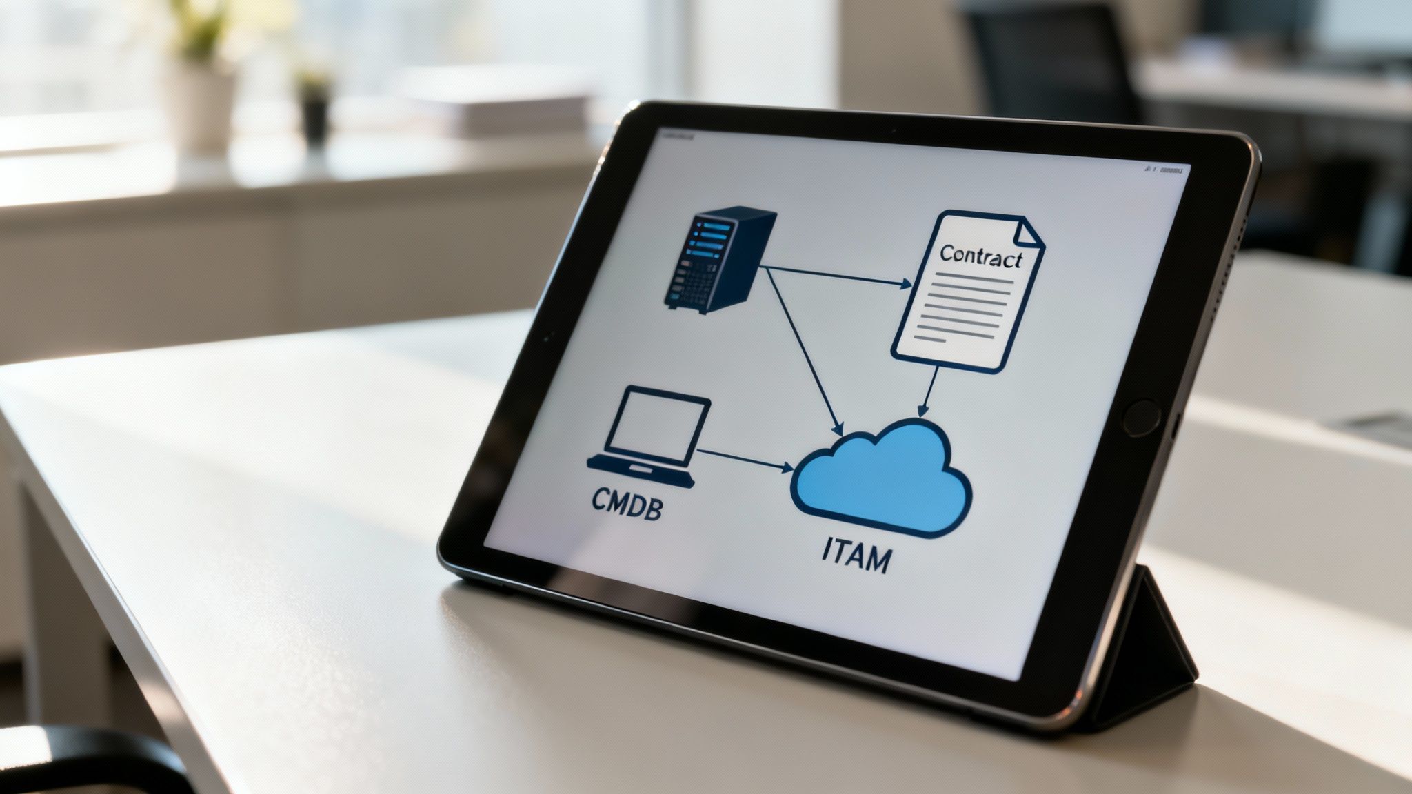 Tablet displaying an ITAM workflow diagram connecting server, CMDB, and contract.