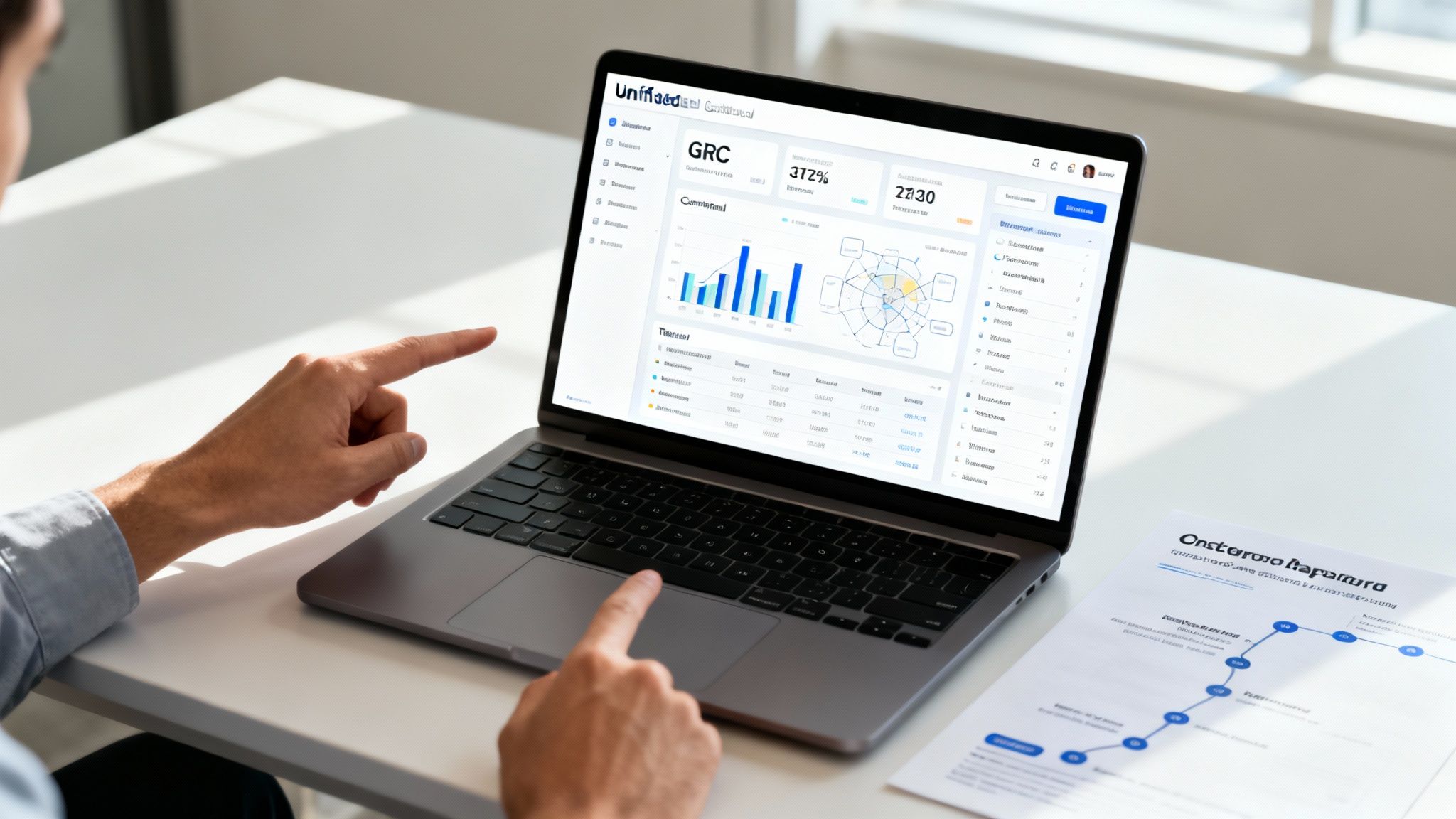 Person analyzing a laptop's GRC dashboard with charts and data in a bright office.