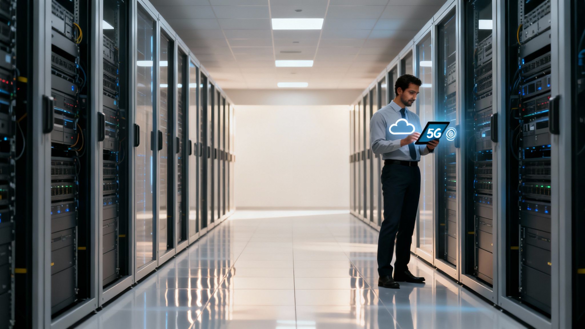 A man in a data center holds a tablet displaying 5G and cloud technology, symbolizing connectivity and management.