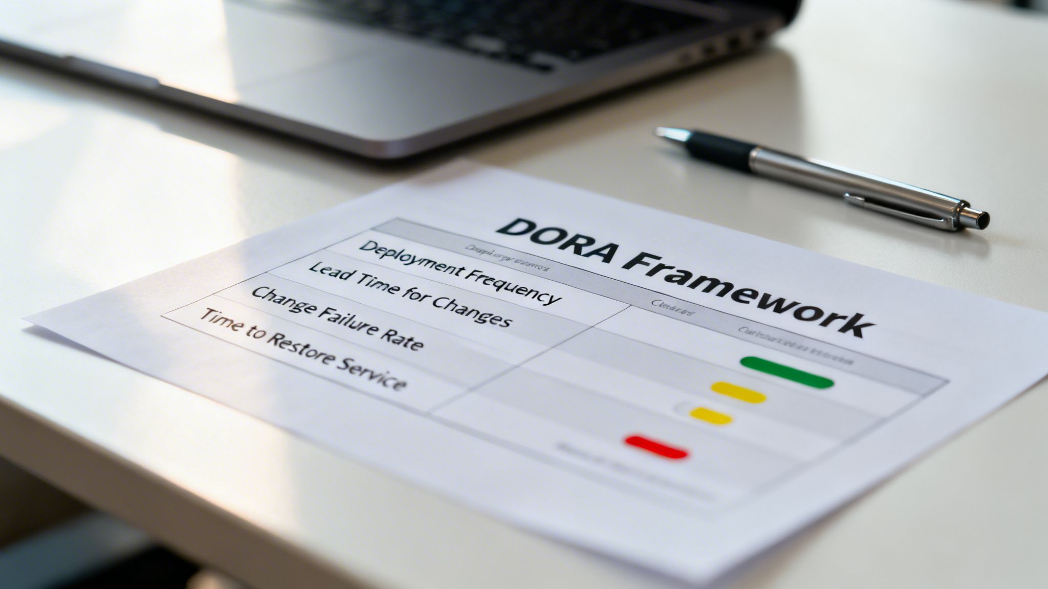 A DORA Framework document displaying performance metrics with colored indicators on a white desk.