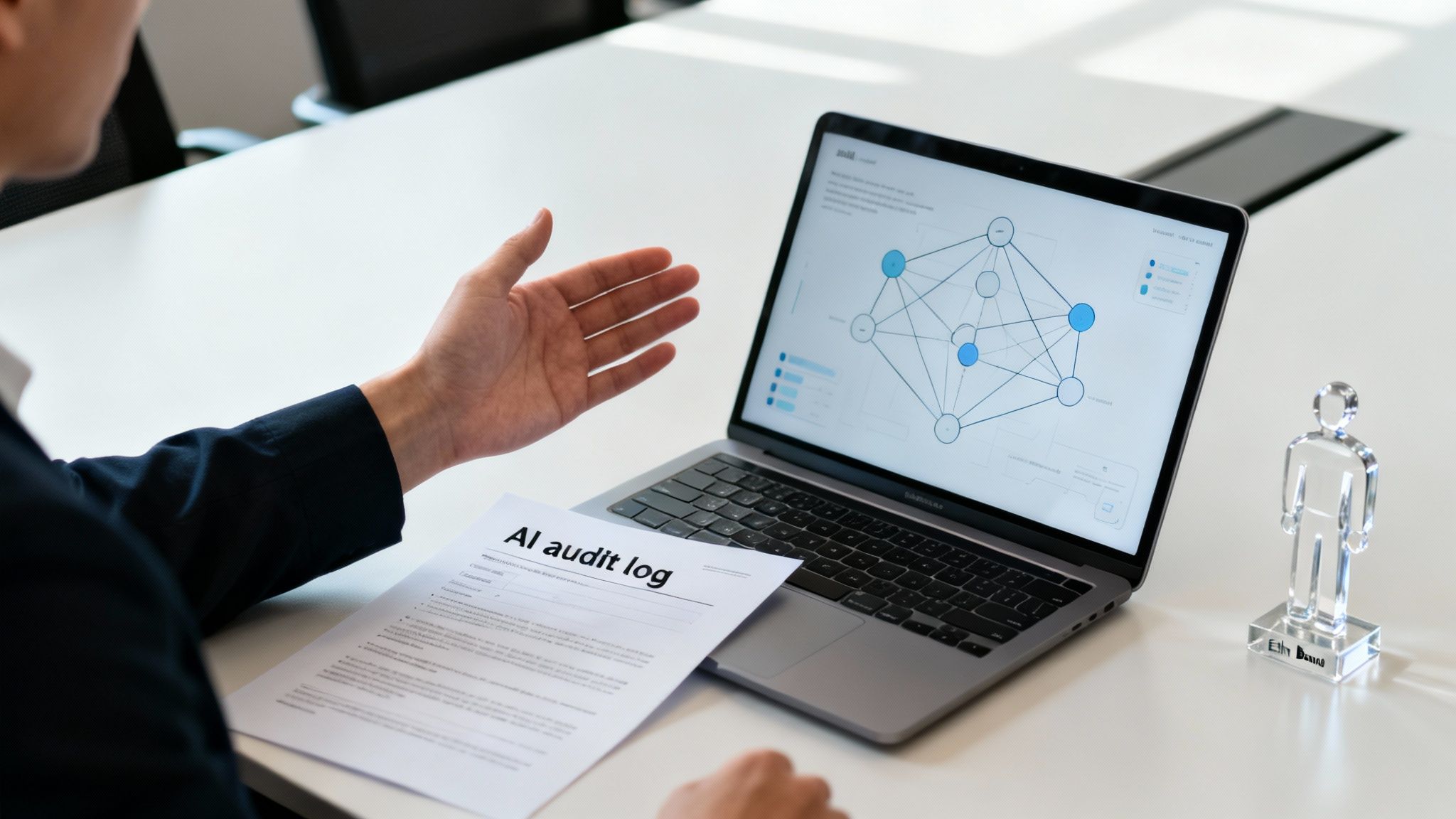 Professional reviews an AI audit log document and network diagram on a laptop.