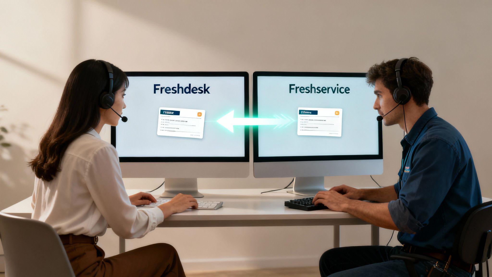 Two customer service agents with headsets working on computers displaying Freshdesk and Freshservice with an integration arrow.