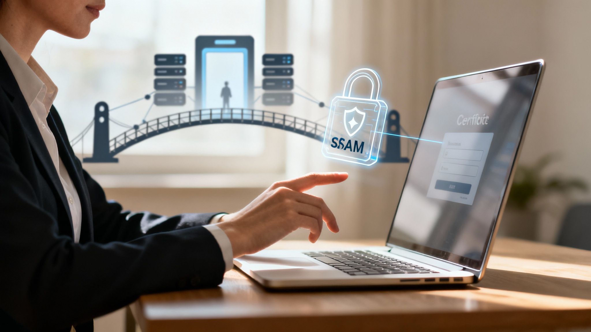 Businesswoman uses laptop for secure login with SSAM and digital network infrastructure.