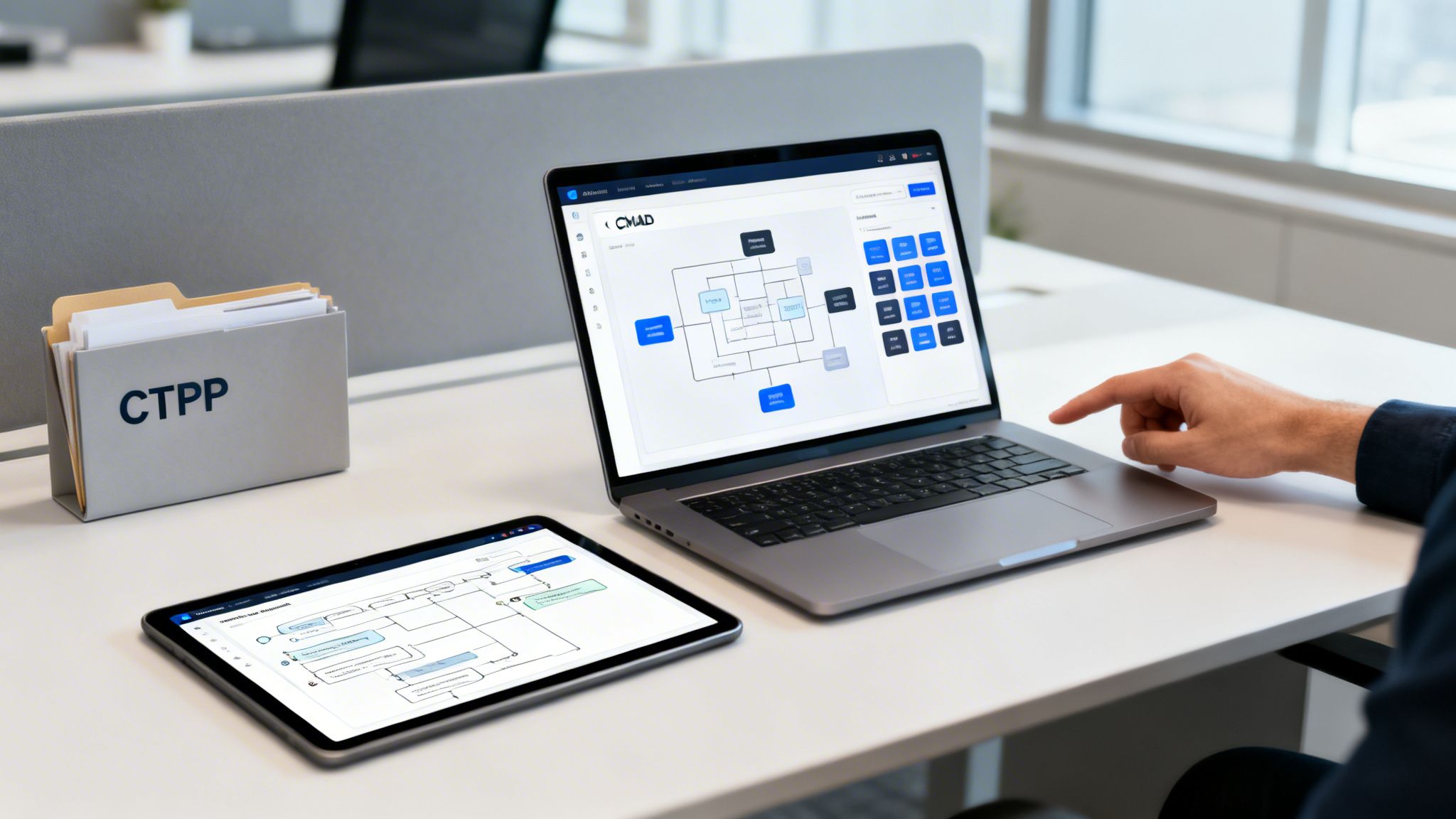 A person's hand points at a laptop showing a workflow diagram, with a tablet and file holder nearby.