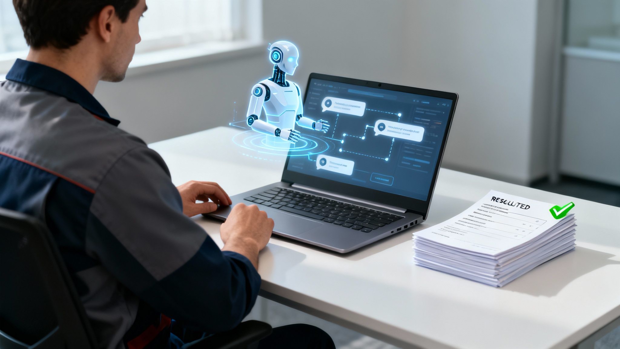 Man interacts with a laptop featuring a holographic AI assistant for task resolution.