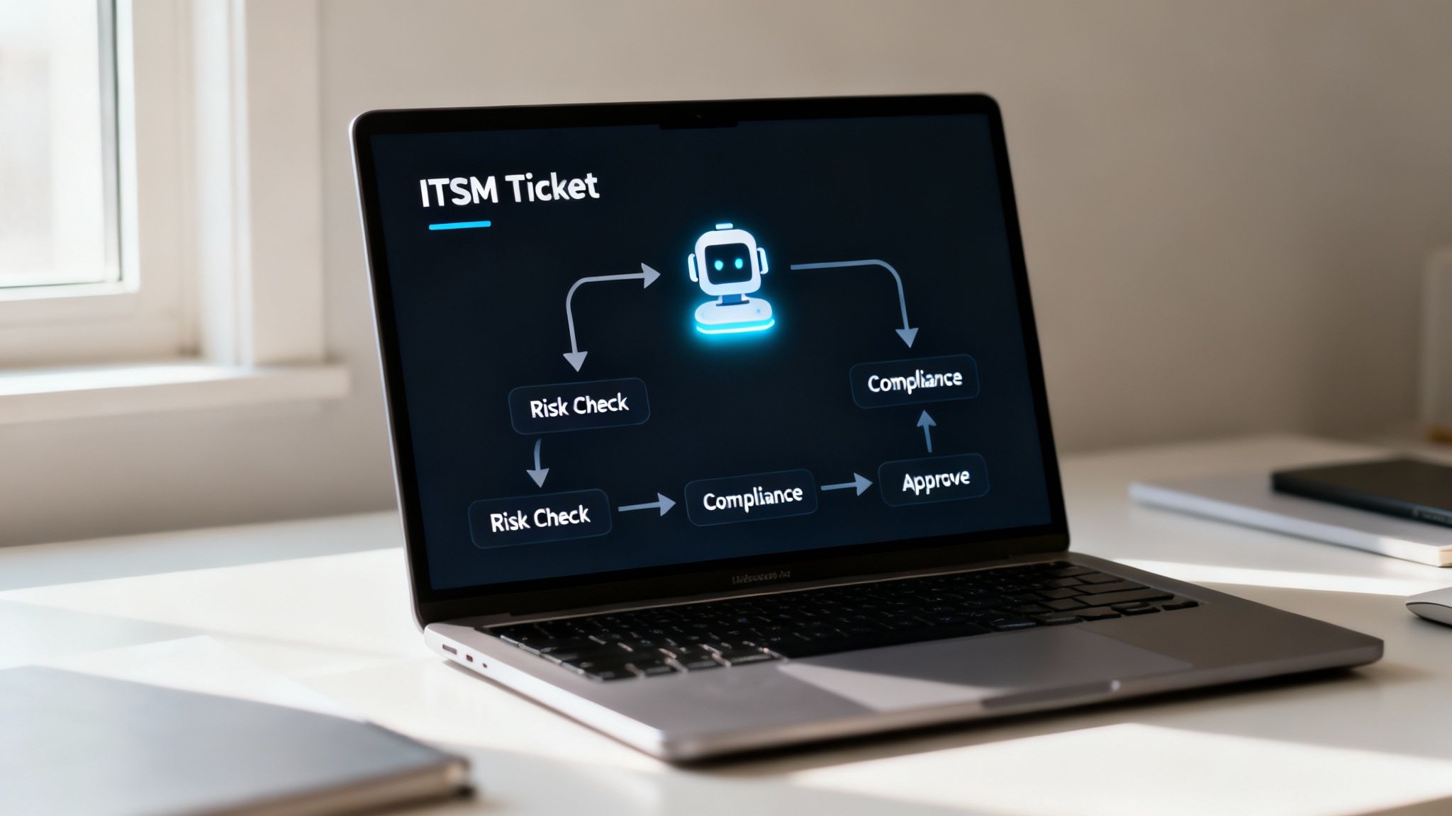 A laptop screen displays an ITSM ticket workflow with a glowing robot automating risk checks and compliance approval.