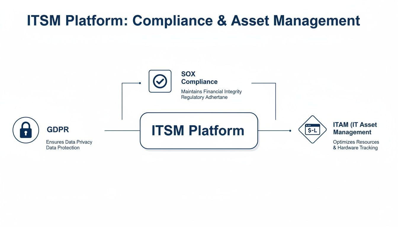A diagram illustrating an ITSM Platform's integration with GDPR, SOX Compliance, and IT Asset Management.