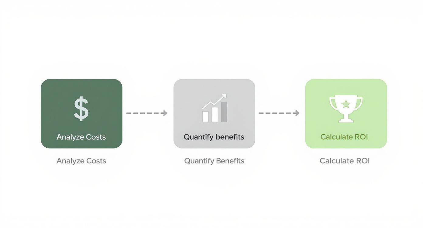 A three-step process diagram illustrating how to analyze costs, quantify benefits, and calculate ROI.