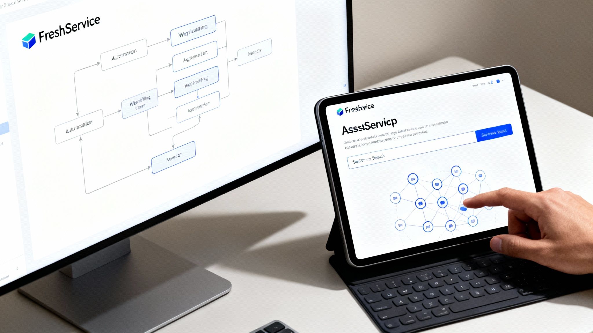 A monitor displays a FreshService workflow diagram next to a hand interacting with a tablet app.