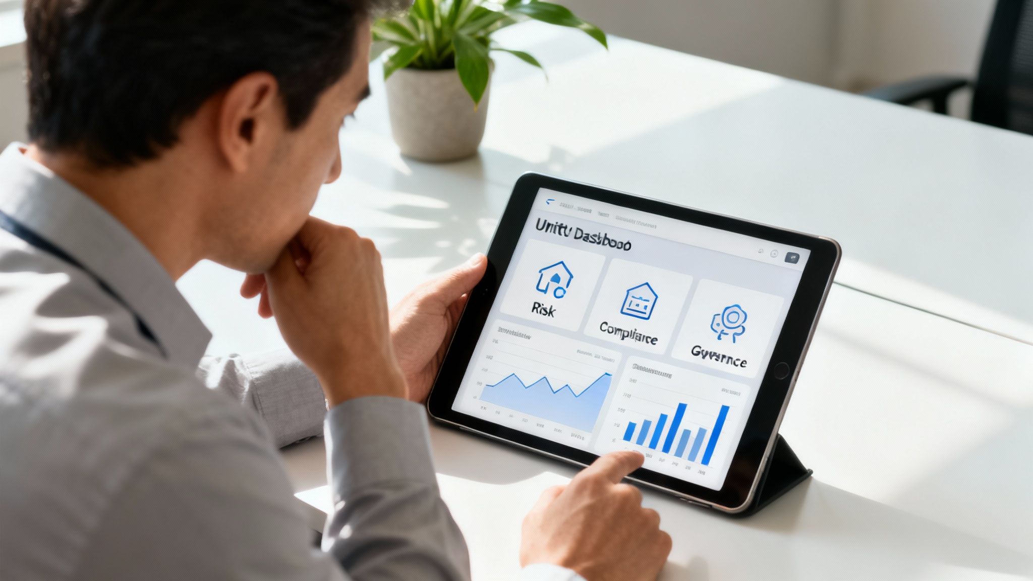 A man reviews a digital tablet displaying a GRC dashboard with risk, compliance, and governance metrics.