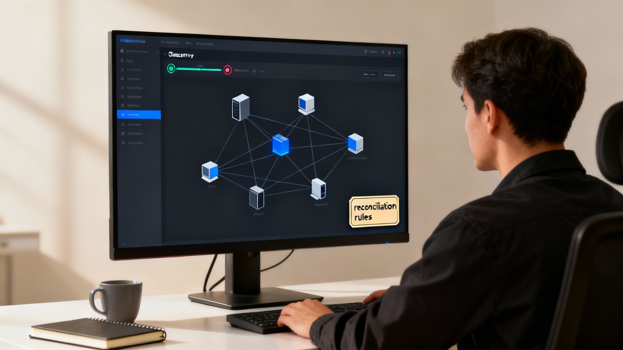 IT professional viewing network infrastructure diagram with connected servers and reconciliation rules interface