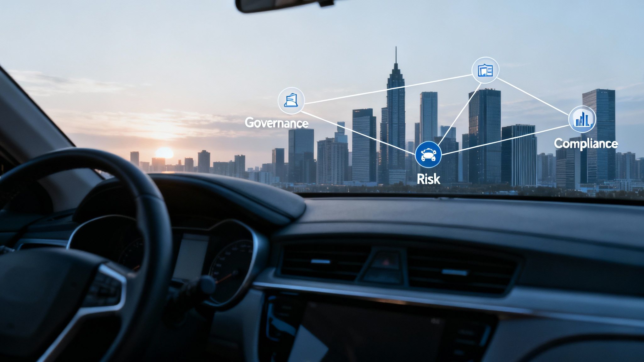 Car interior with dashboard and steering wheel, overlooking a city skyline with interconnected GRC (Governance, Risk, Compliance) icons.