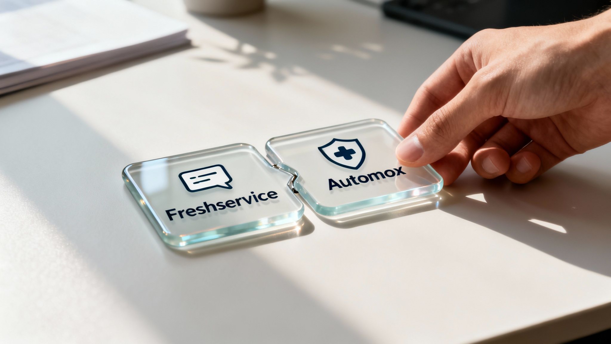 Hand connecting 'Freshservice' and 'Automox' logo tiles, symbolizing software integration.
