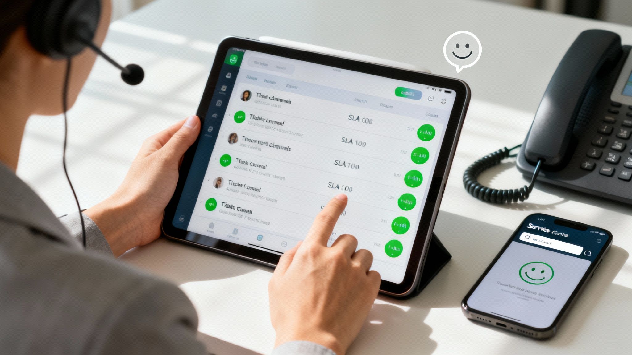 A customer service agent with a headset with a tablet for managing service requests and support tickets.