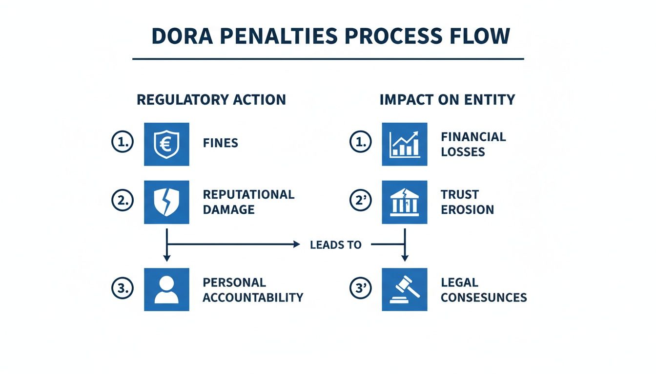 DORA penalties process flow illustrating regulatory actions like fines and reputational damage leading to legal consequences.