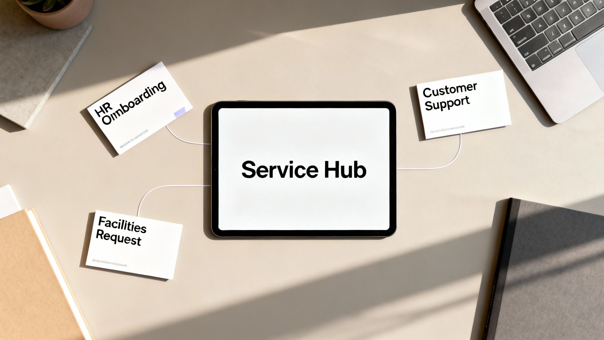 A tablet displaying 'Service Hub' connects to HR onboarding, customer support, and facilities request cards on a desk.