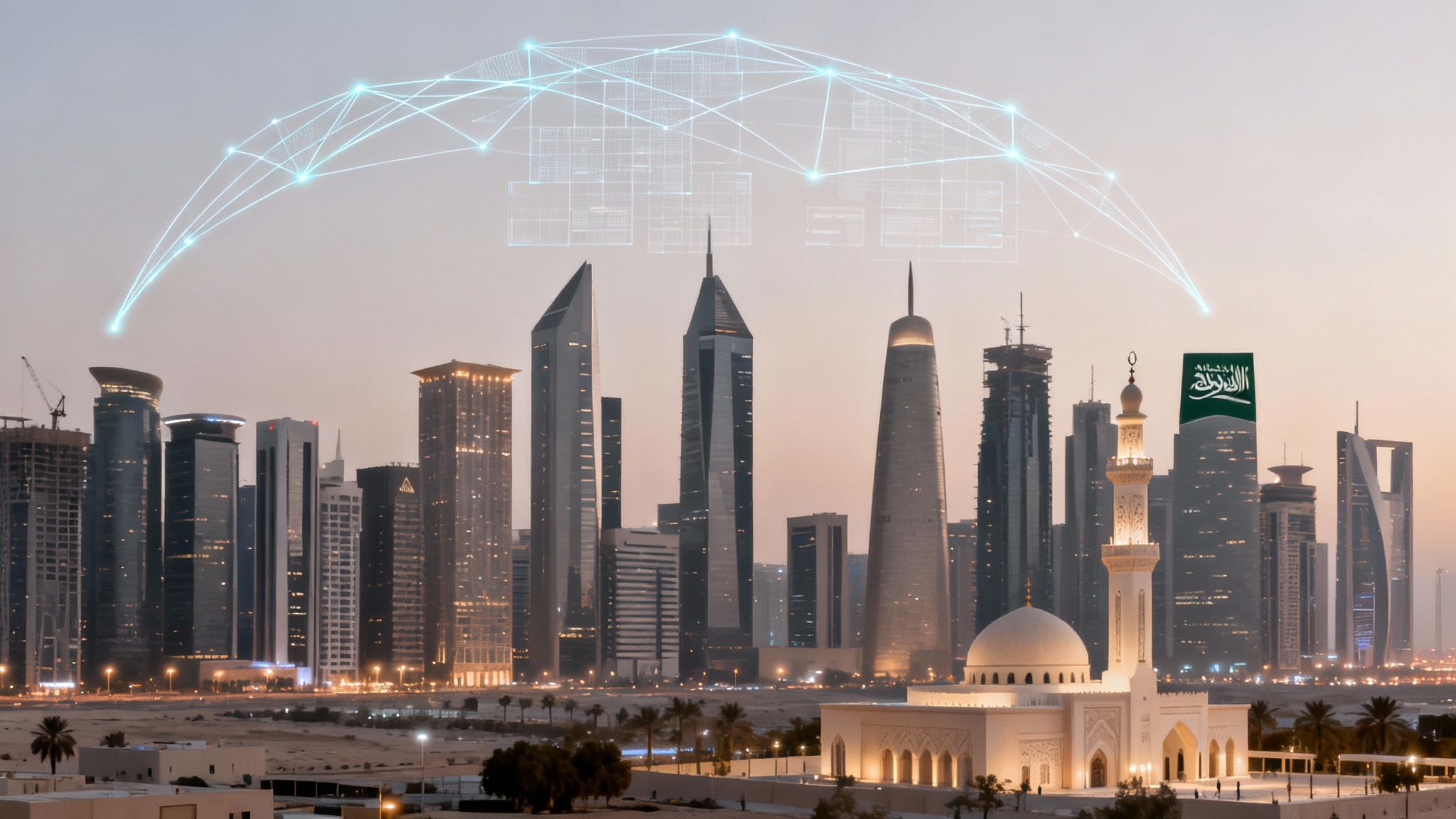 Modern Saudi Arabian cityscape with glowing digital network arc over skyscrapers and a prominent mosque.