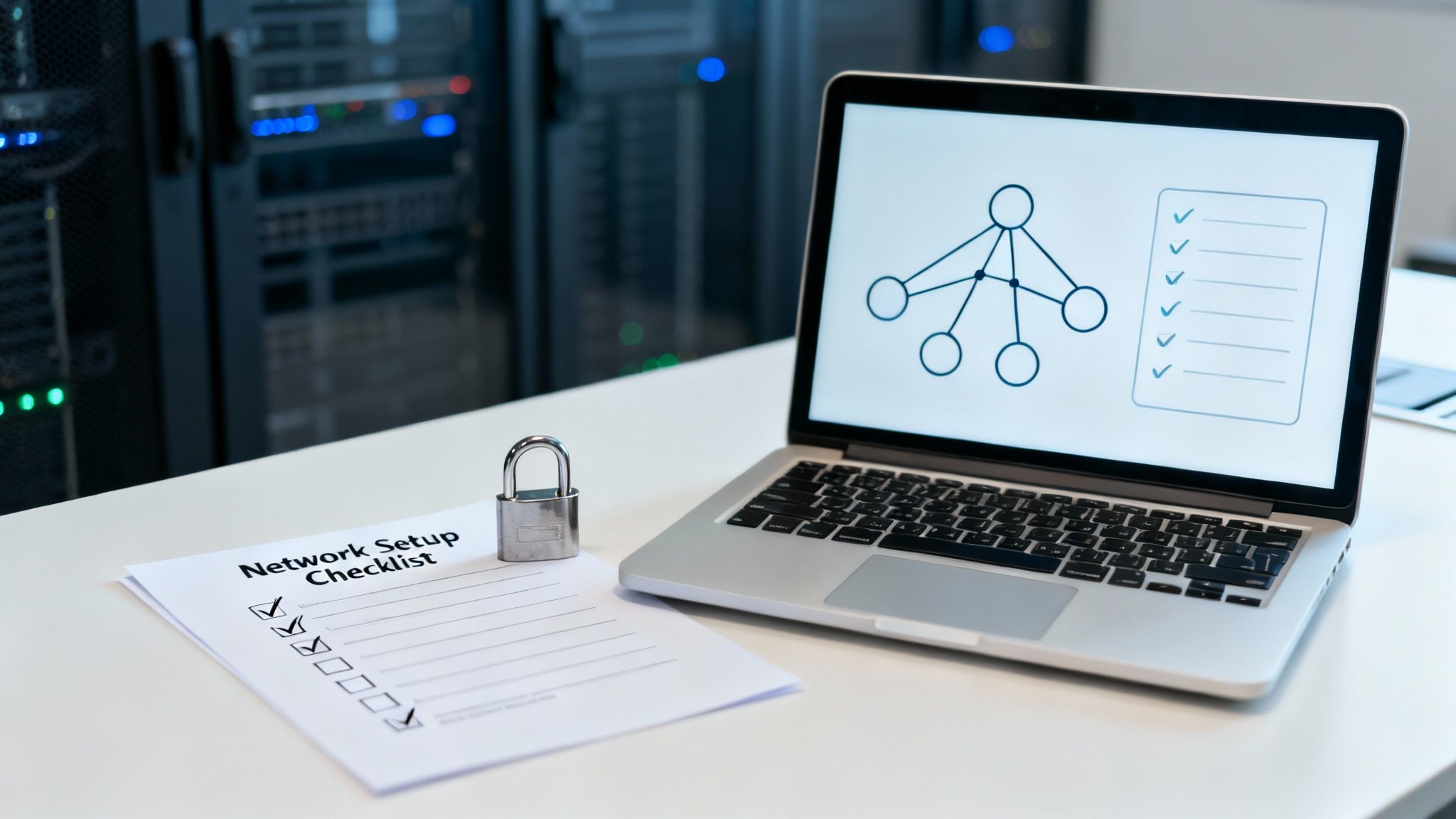 A laptop shows a network diagram and checklist, next to a padlock and setup checklist in a server room.