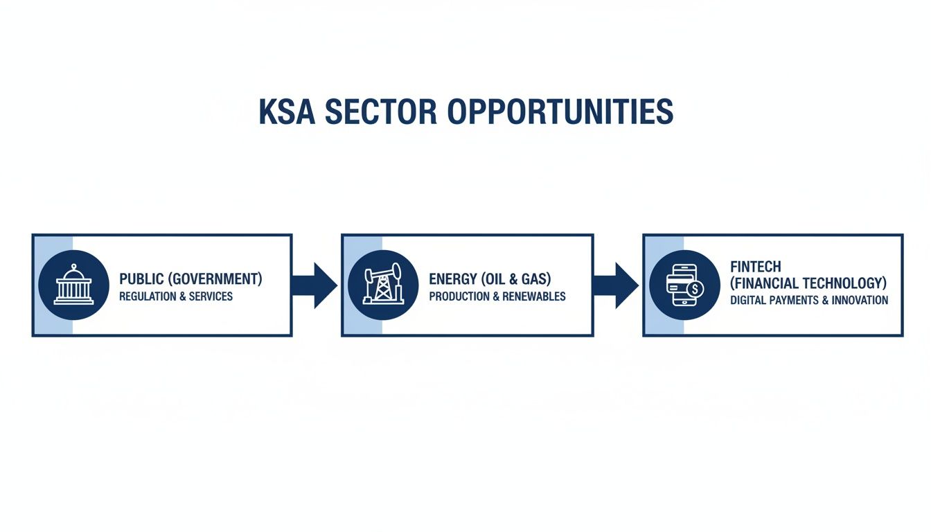 Diagram showing KSA sector opportunities: Public, Energy (Oil &amp; Gas), and Fintech development.
