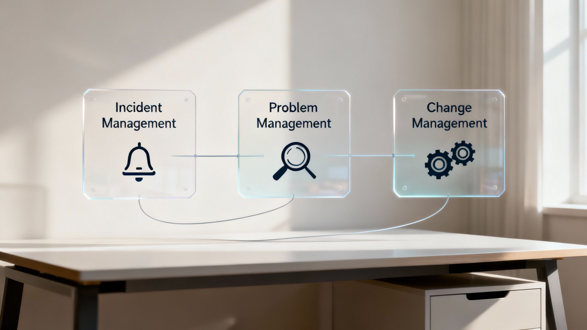 Three floating glass panels illustrate Incident, Problem, and Change Management processes with icons.