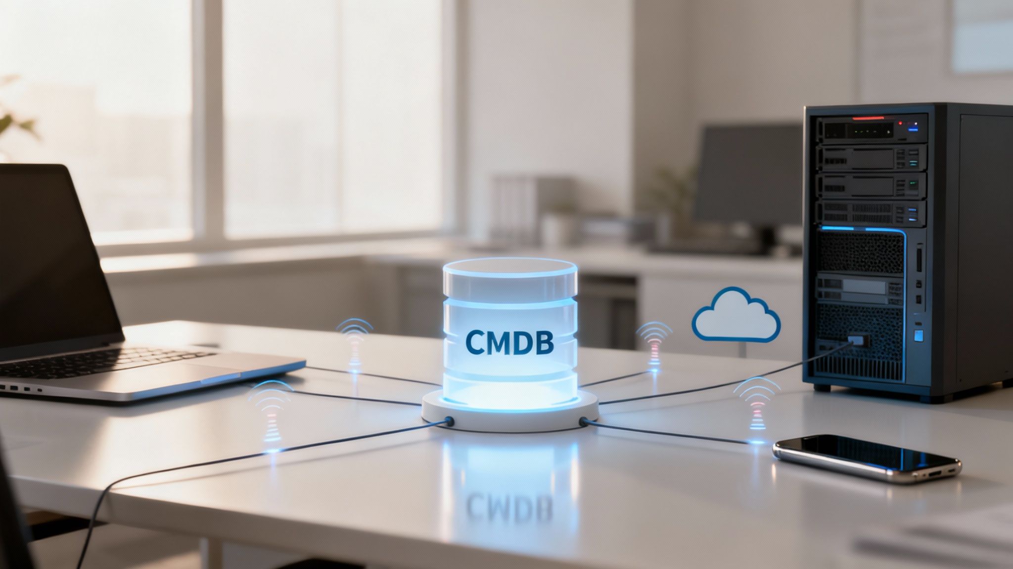 A 3D rendering of a CMDB connecting to a laptop, server, and smartphone on a desk.