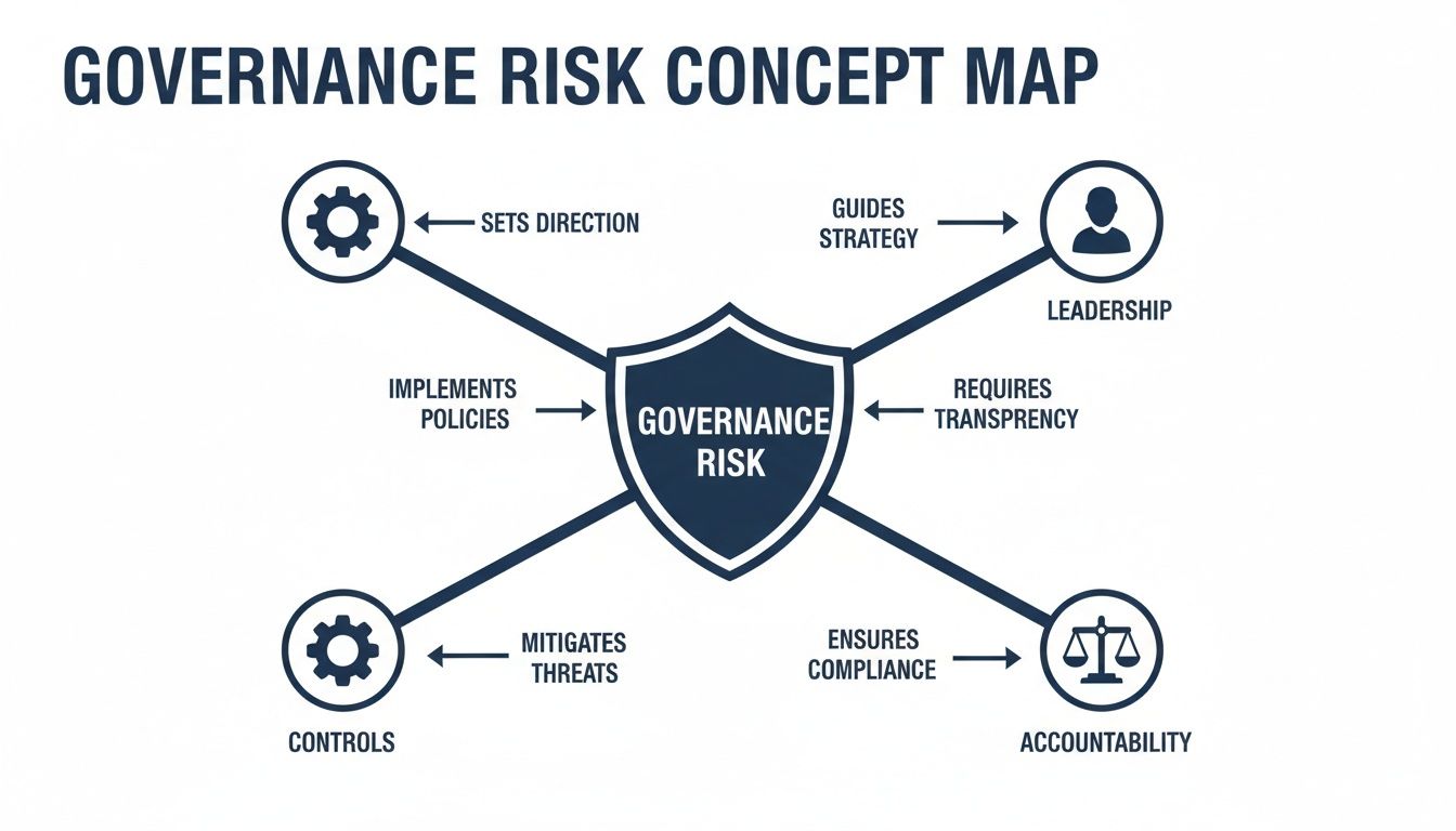 A governance risk concept map illustrating the interconnected elements of leadership, controls, and accountability.