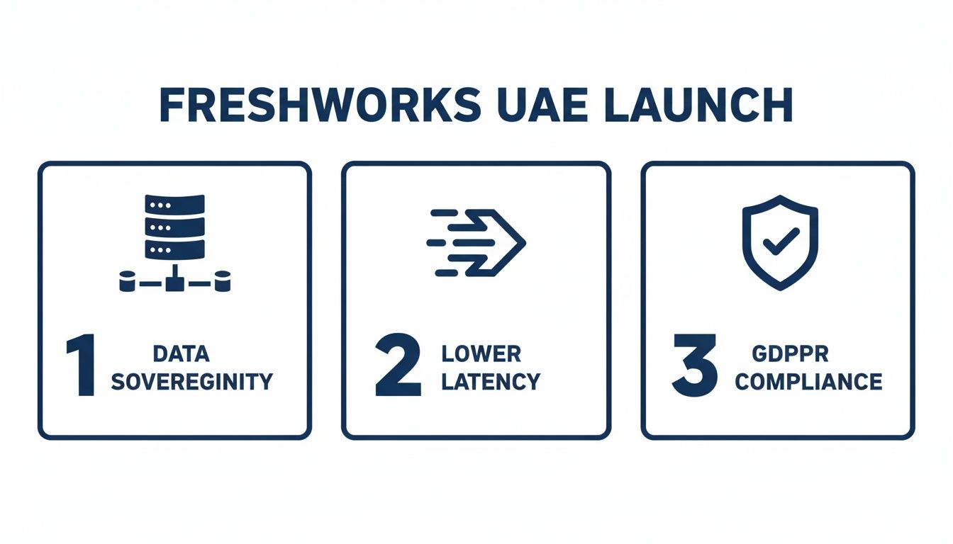 Freshworks UAE launch details: data sovereignty, lower latency, and GDPR compliance icons and text.