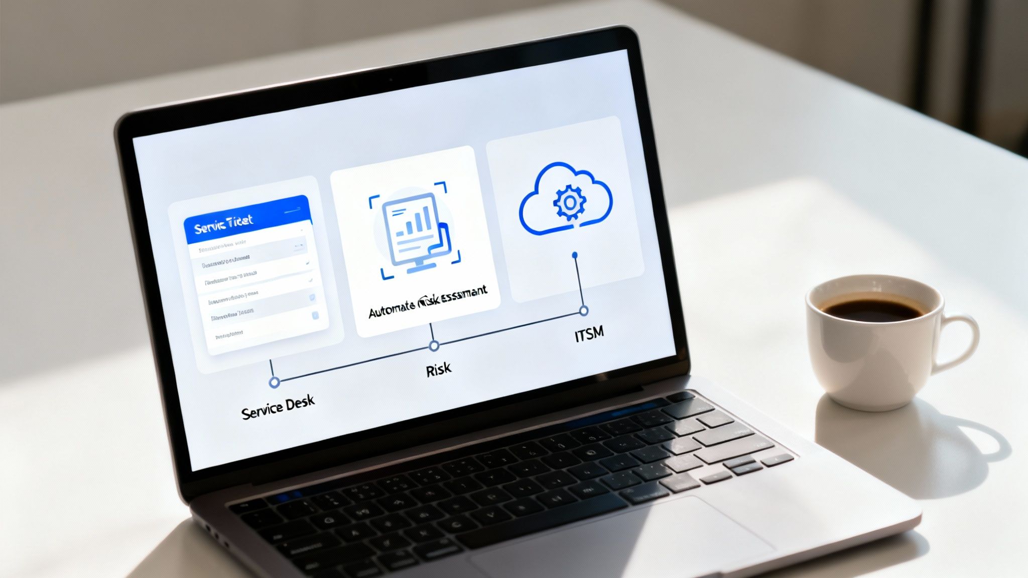 A laptop screen displays a diagram showing Service Desk, Risk, and ITSM processes with icons. A coffee cup sits next to the laptop.