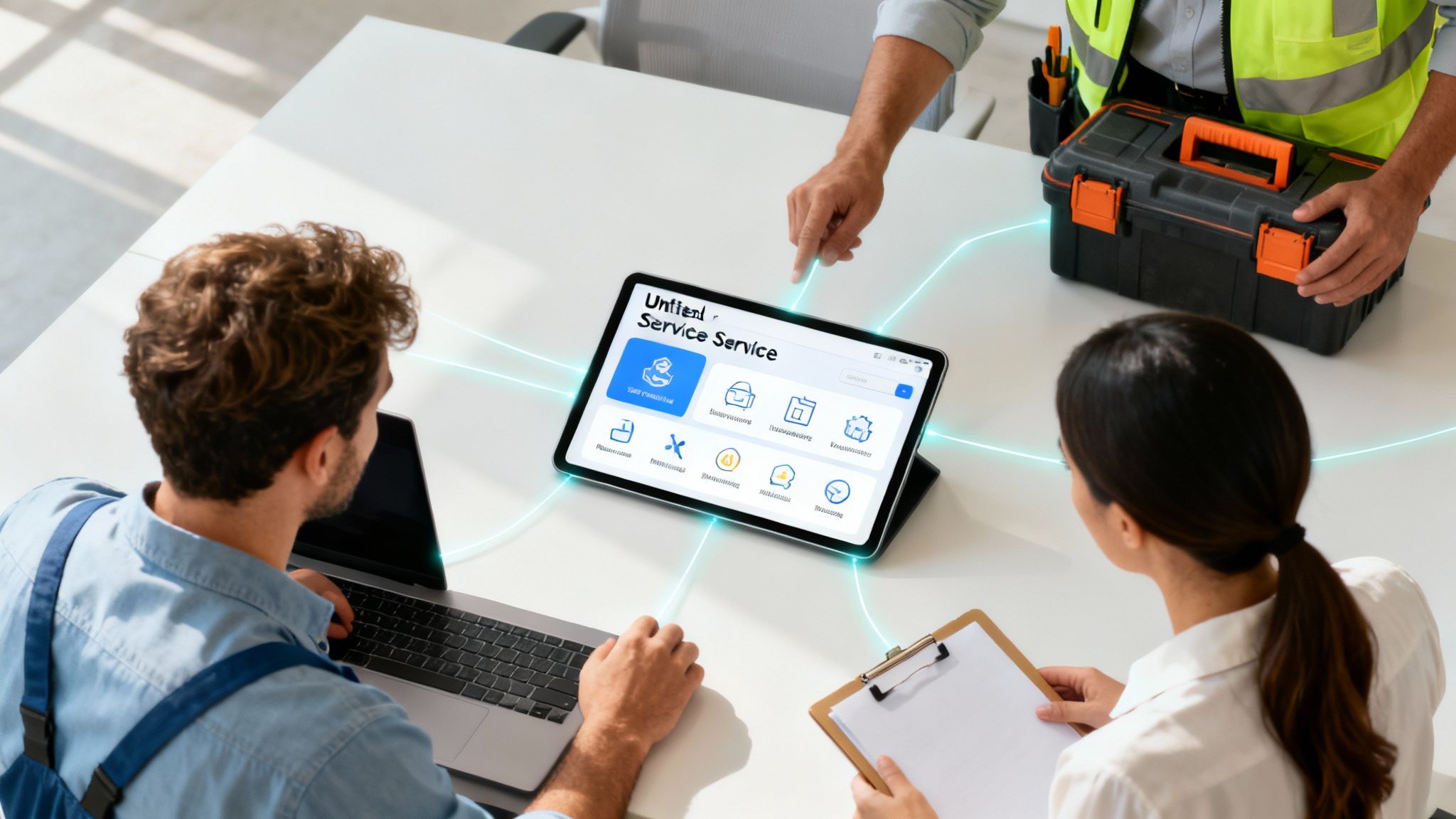 Three service professionals collaborate around a table, using a laptop, tablet with a 'Unified Service Service' app, and clipboard.
