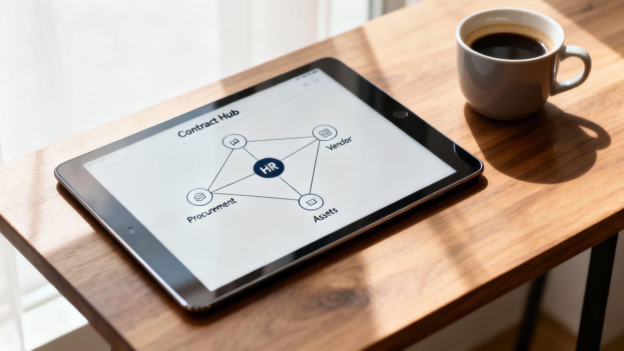 Tablet displaying a 'Contract Hub' diagram with HR, Procurement, Vendor, and Assets, next to a coffee mug.