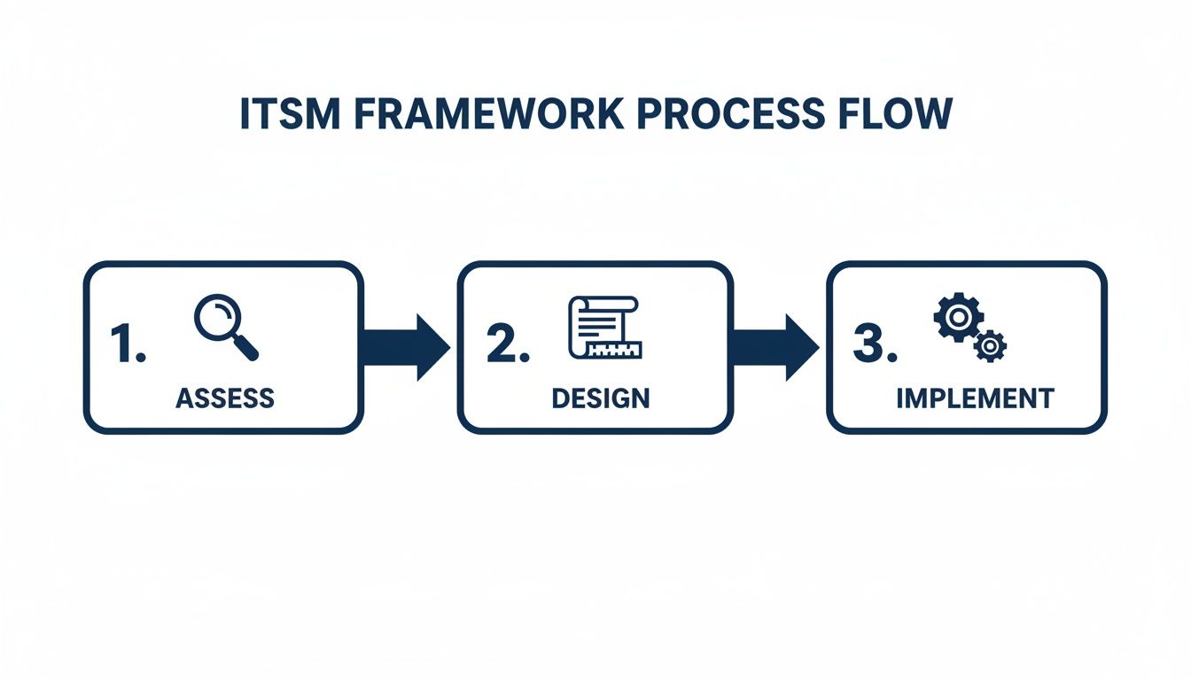 A three-step ITSM Framework Process Flow diagram illustrating Assess, Design, and Implement stages with icons.