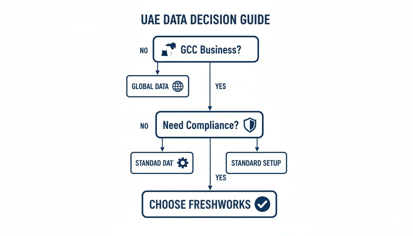 A flowchart outlining data decisions in the UAE, considering GCC business, compliance, and Freshworks.