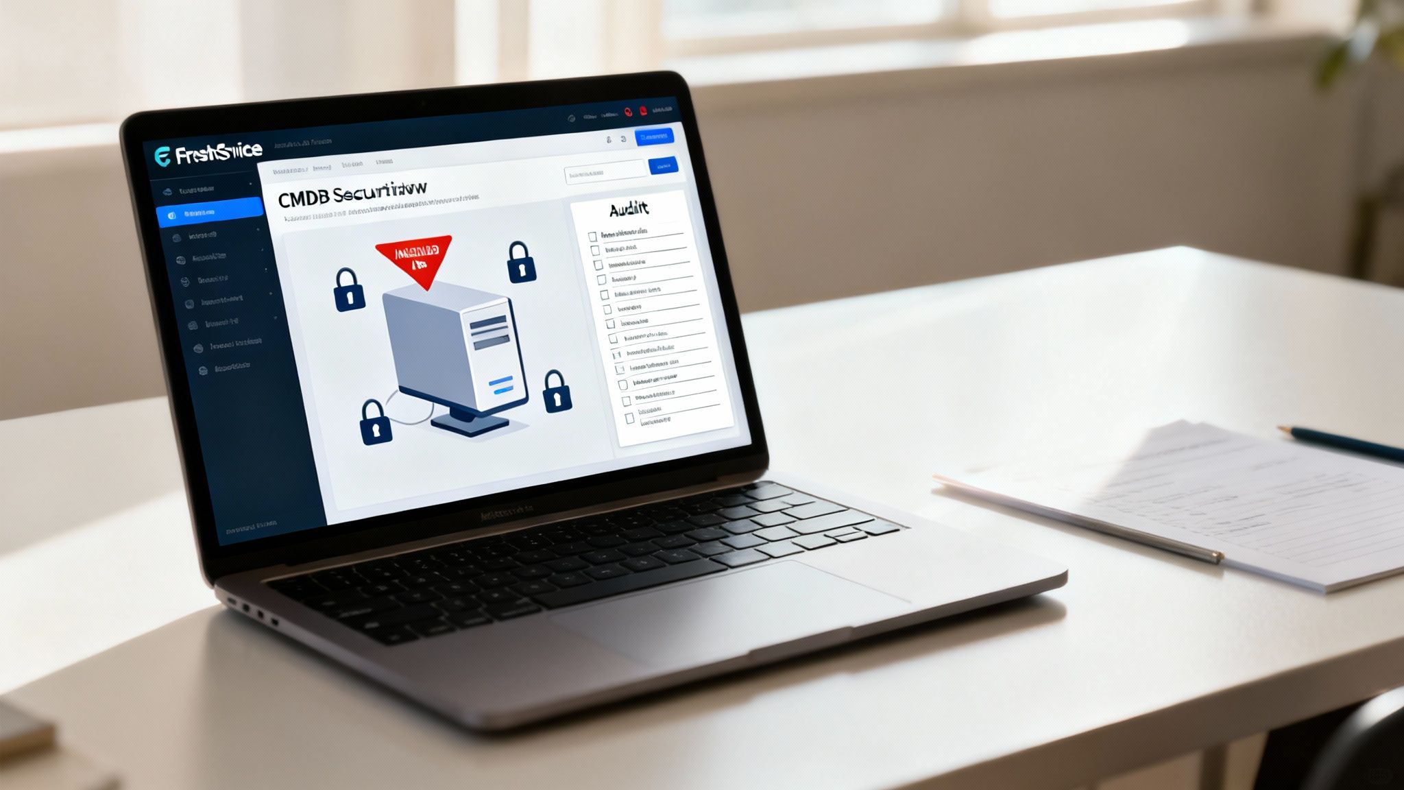 A shield icon superimposed over a network diagram, symbolising IT security and compliance.