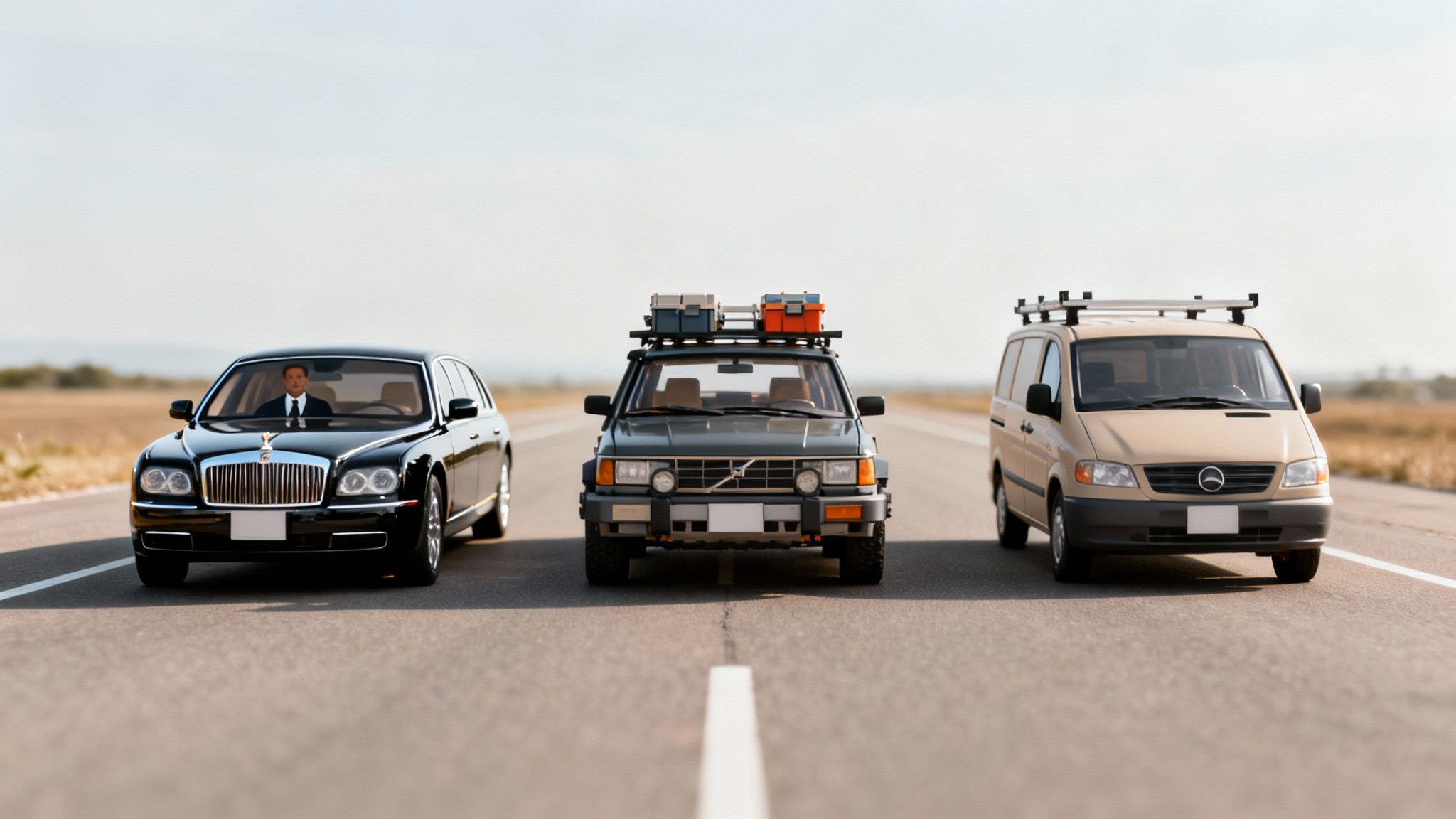 Three toy cars, a luxury sedan, an SUV, and a van, lined up on a road.