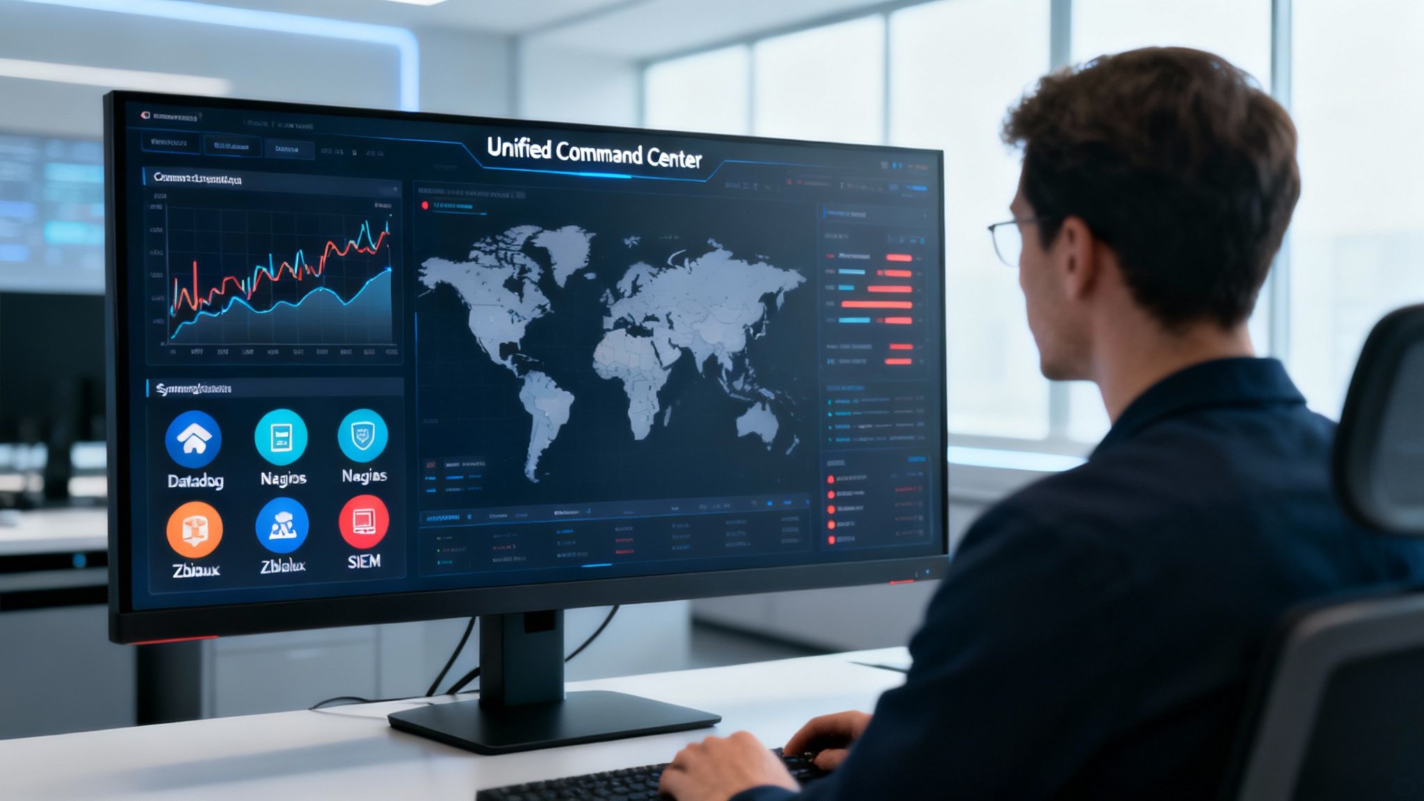 A person views a large monitor displaying a unified command center dashboard with global data.